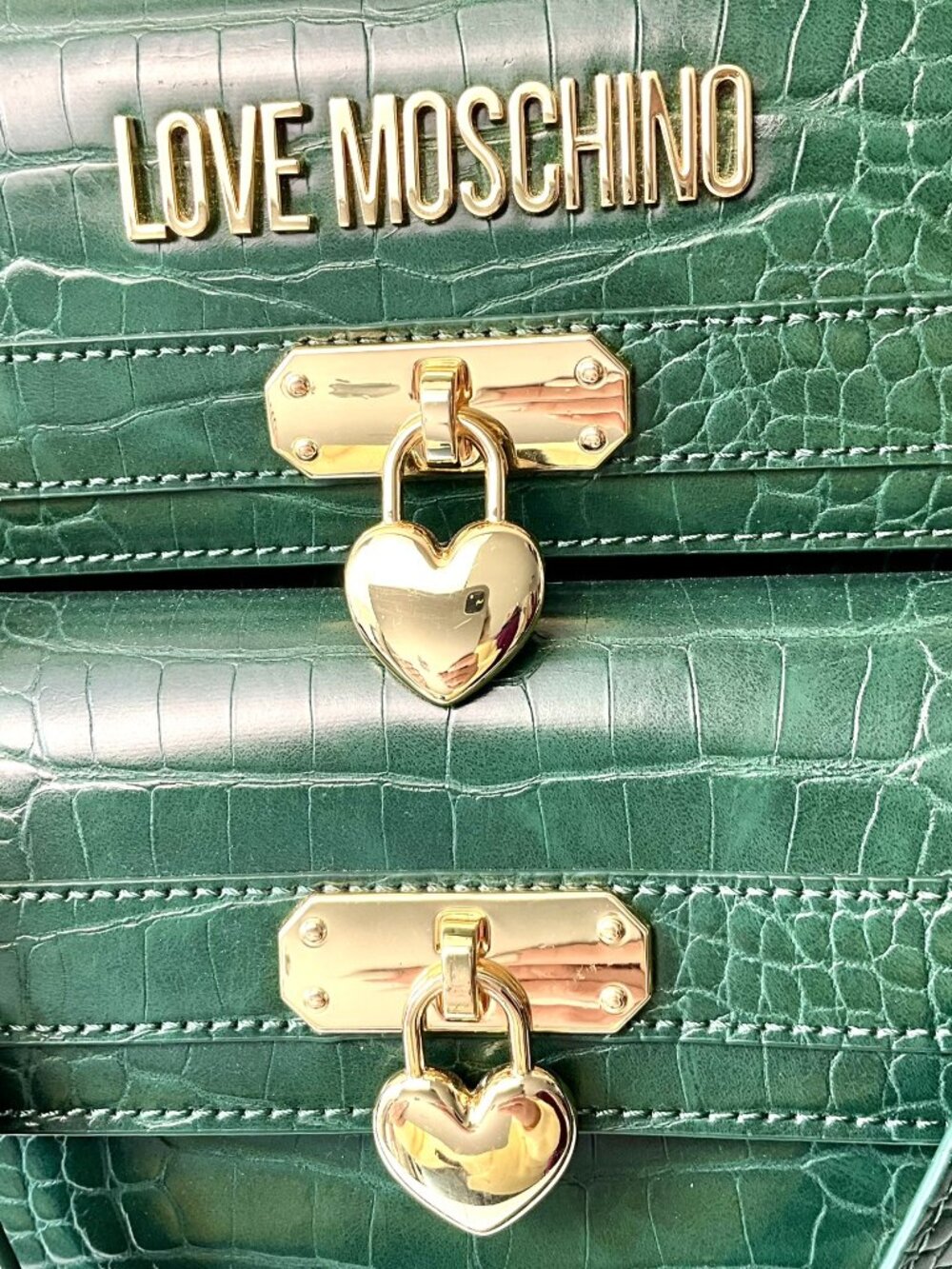 Love Moschino  Green Croc Embossed Leather Tote Bag Gold Chain Heart Lock - Picture 2 of 11